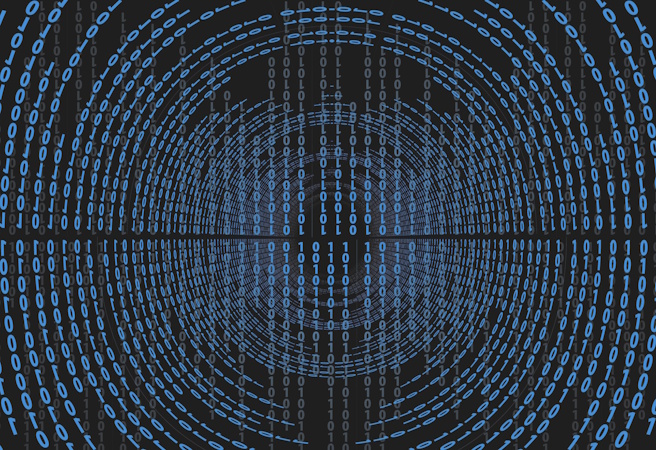 Columns and circles of binary ones and zeroes on a black background